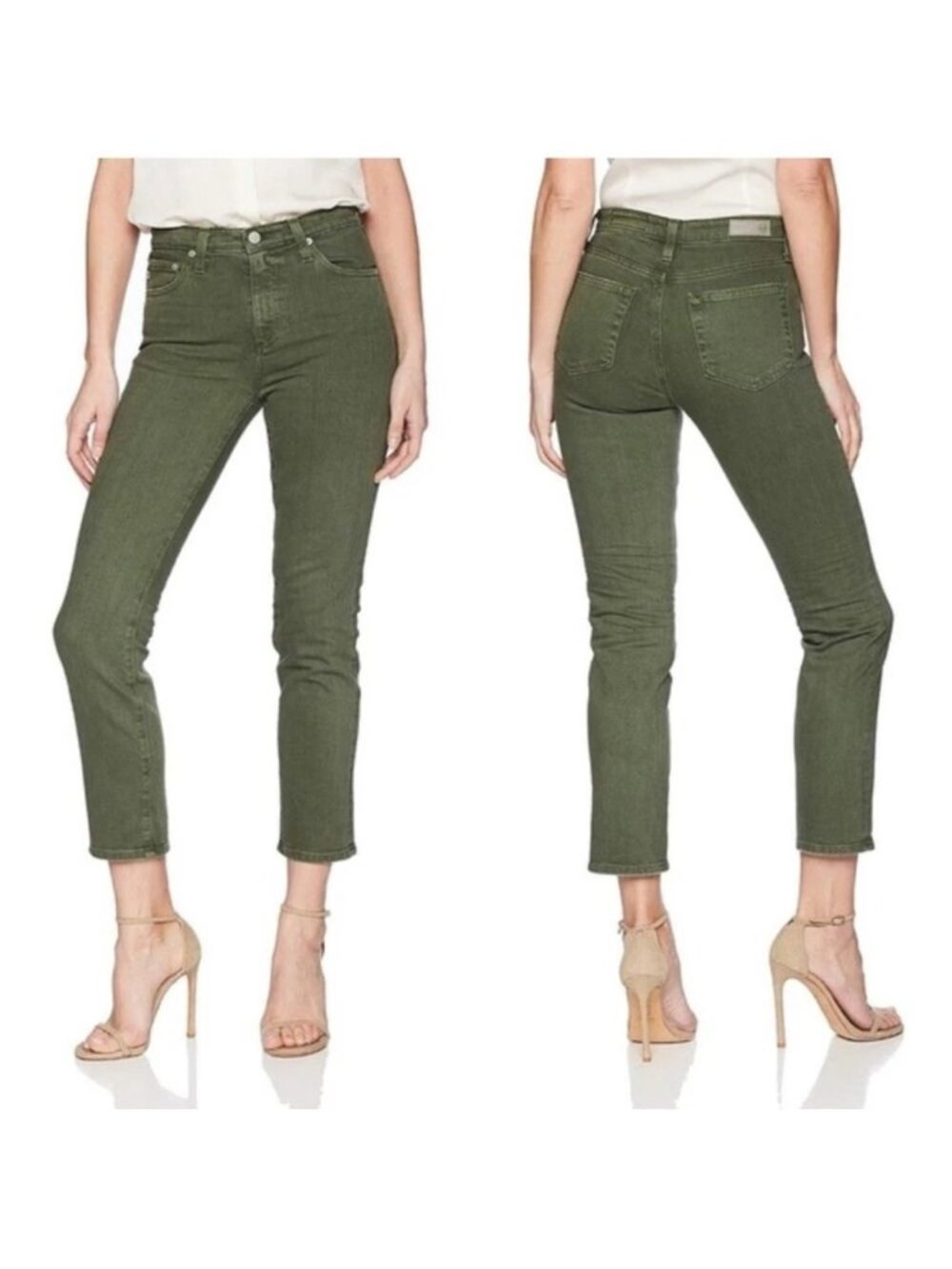 New AG Isabelle High Rise Straight Crop Stretch Jeans Olive Army Green Khaki 28